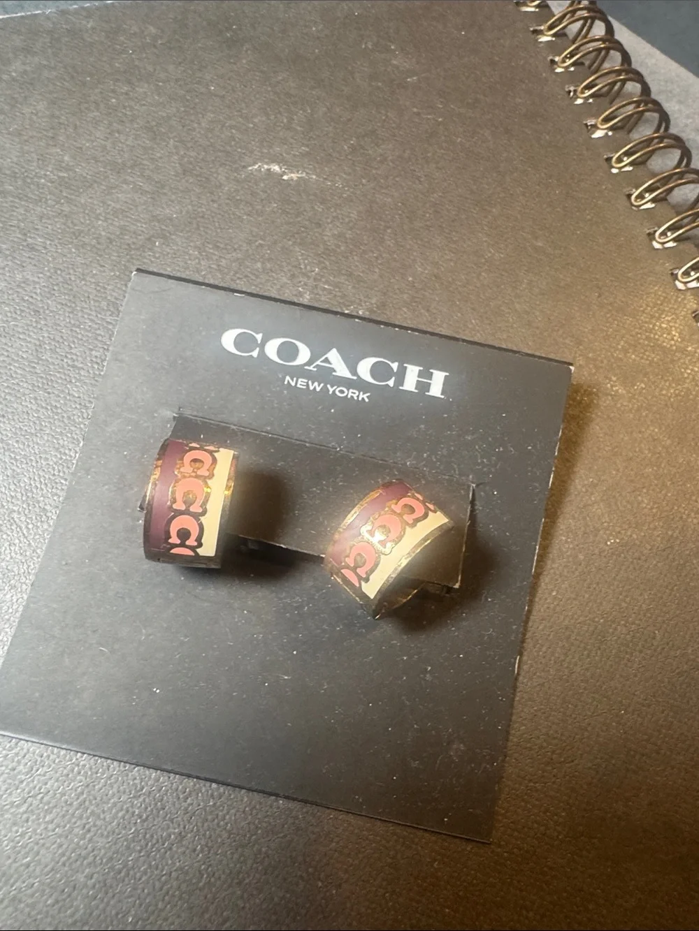 Coach Gold-Tone Hoop Earrings with purple and Pink Logo Band - Picture 1 of 4